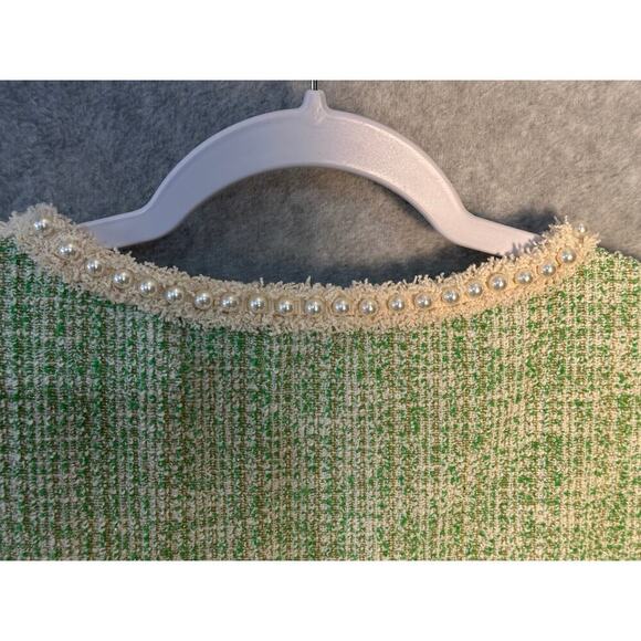 Orsay NWT Sz L Green Metallic Tweed Boucle Dress Pearl Neck & Cuff Royal Duchess - Picture 10 of 16
